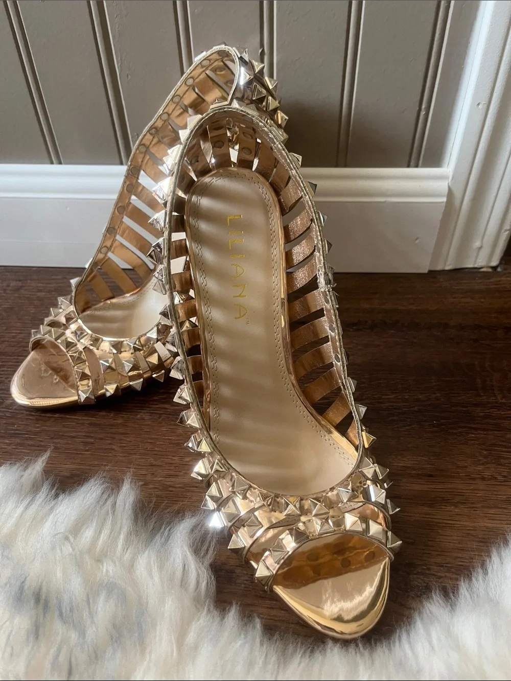 Liliana Rose Gold Studded Caged Peep-Toe Heels